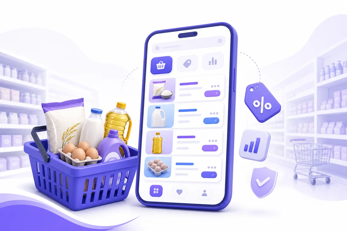 Illustration of Priceory comparing Malaysian grocery prices on a phone