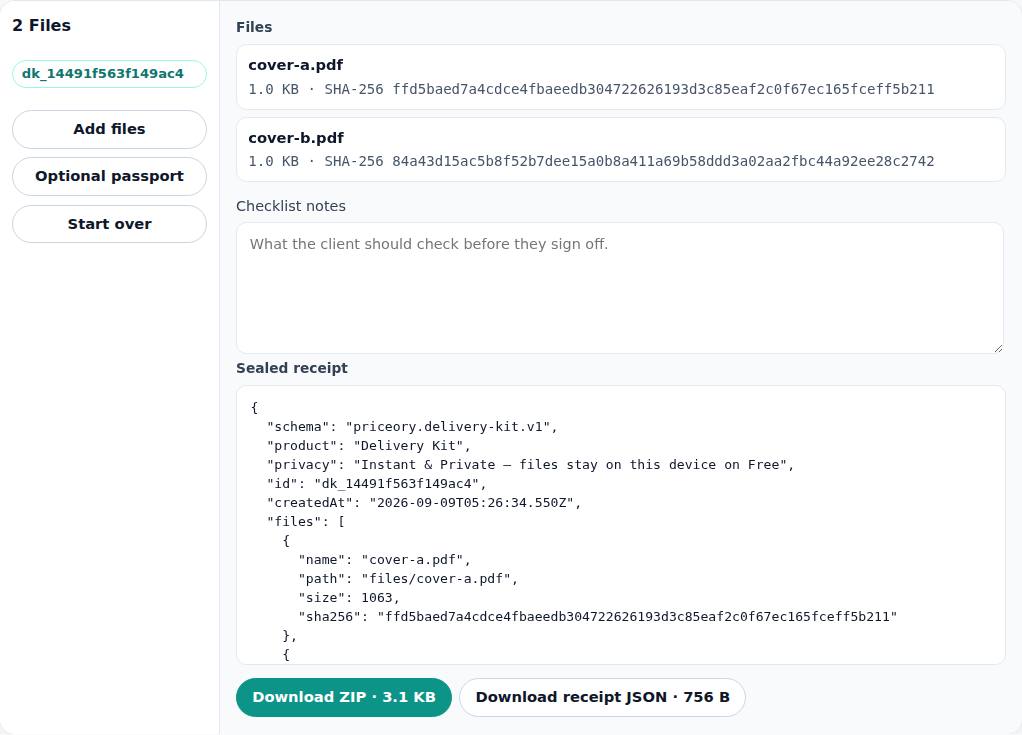 Priceory Delivery Kit — hashed packing list before download. Instant & Private.