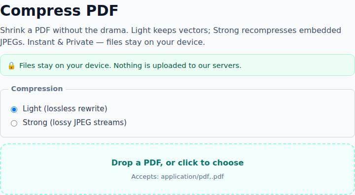 Priceory Compress Any — 1 MB target selected. Instant & Private.
