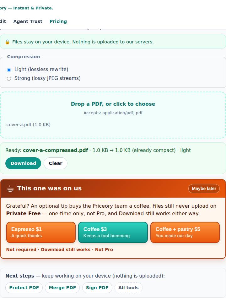 Priceory Compress Any — honest size after the target. Instant & Private.