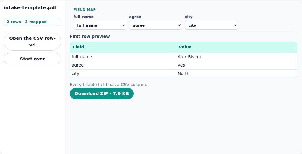 Priceory Form Fill — field map and first-row preview. Instant & Private.