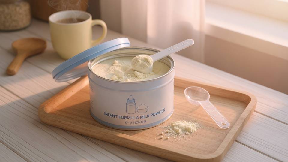 Baby formula milk powder tin and scoop