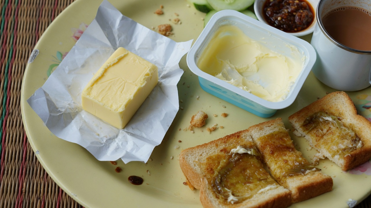 Butter block next to a margarine tub on a breakfast table