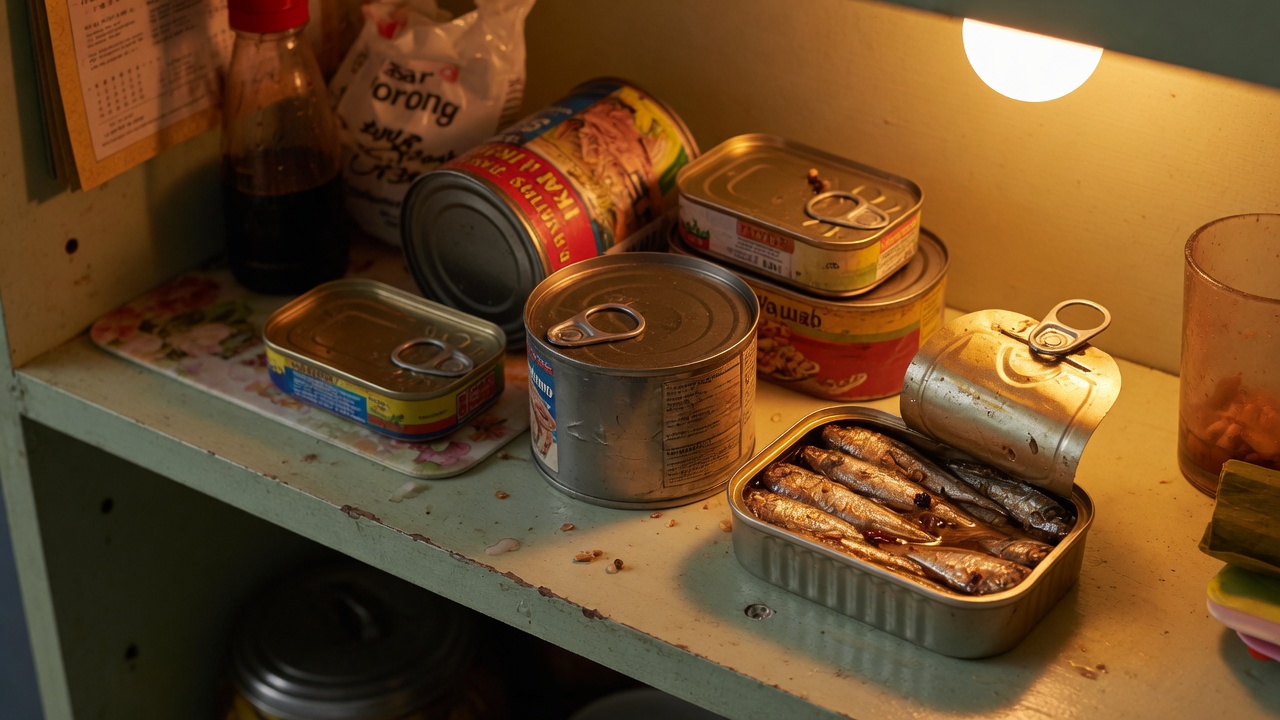 Sardine and tuna cans of two sizes on a kitchen shelf