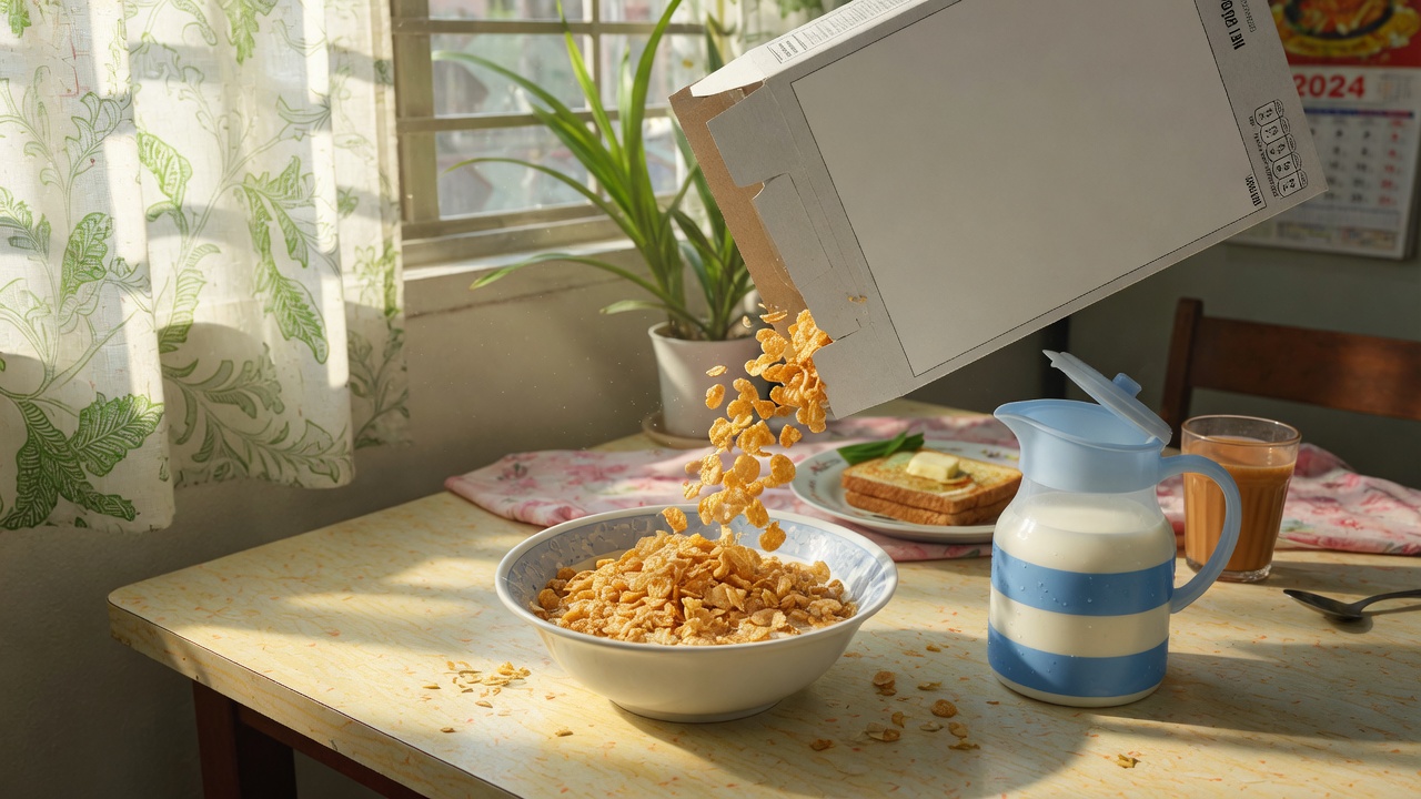 Family cereal box poured into a breakfast bowl