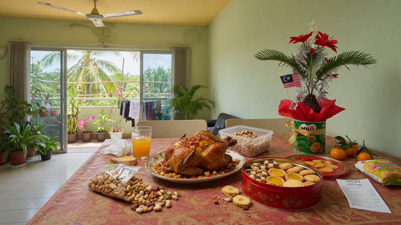 Modest Malaysian Christmas grocery table with roast chicken and cookies