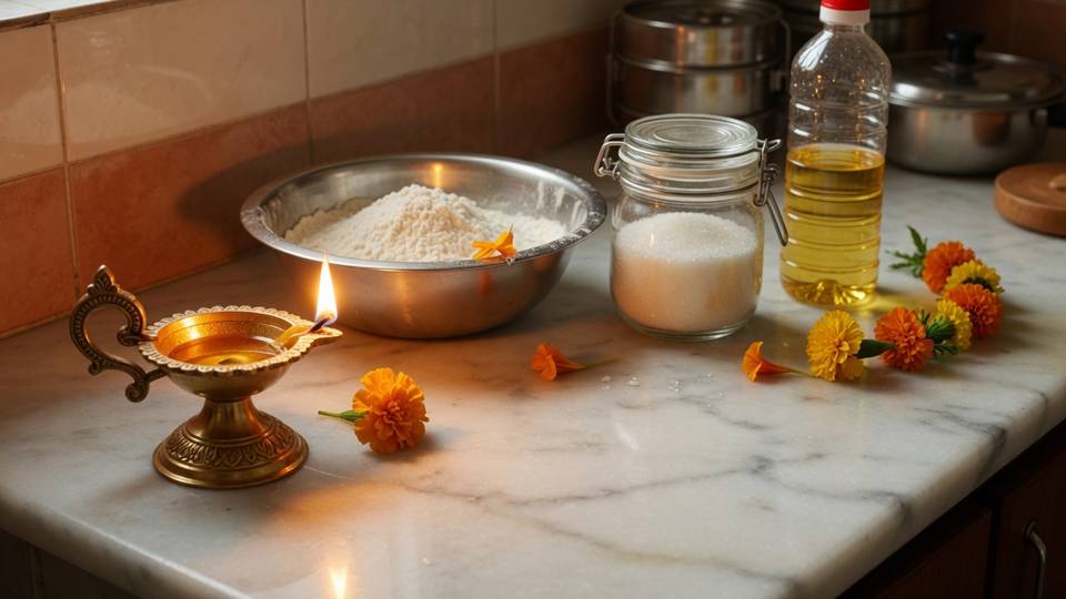 Deepavali grocery prep — oil flour and kitchen staples