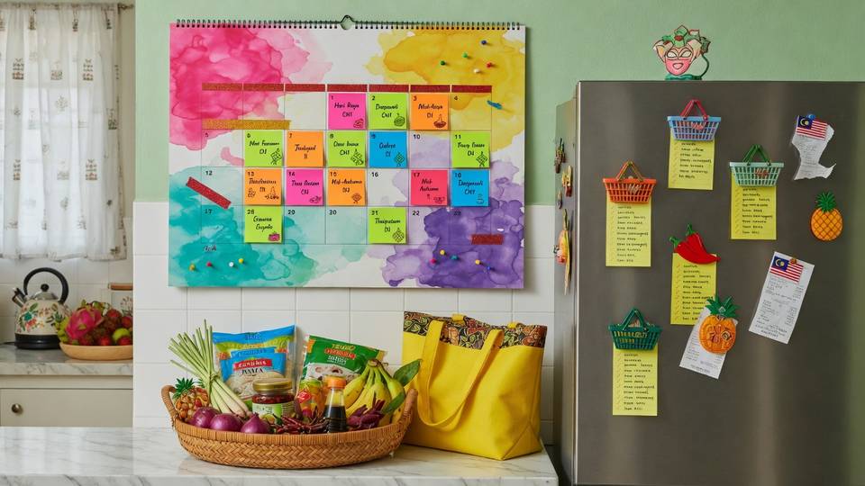 Malaysia festival shopping calendar on the fridge