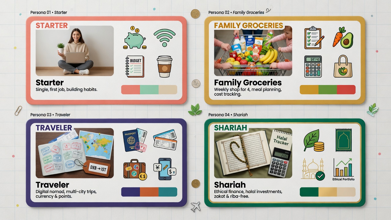 Four personas — one card direction each
