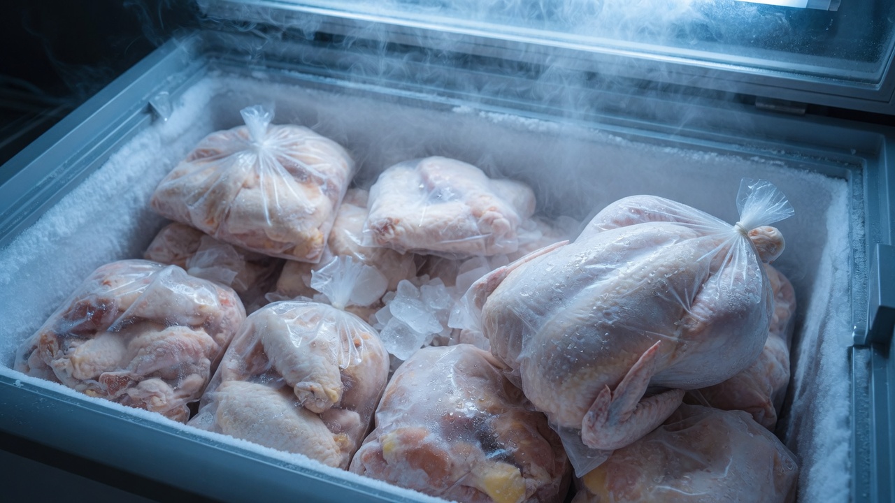 Frozen chicken parts and a whole bird in a supermarket freezer