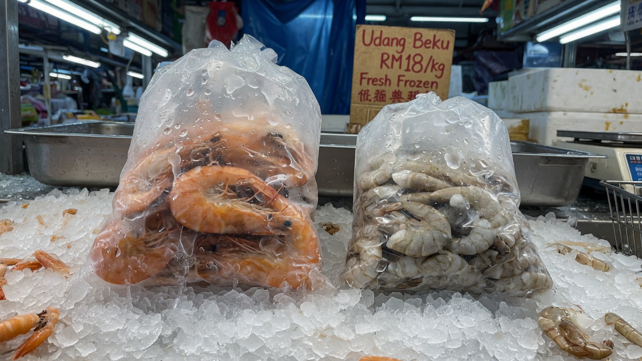 Two frozen prawn bags of different sizes on ice
