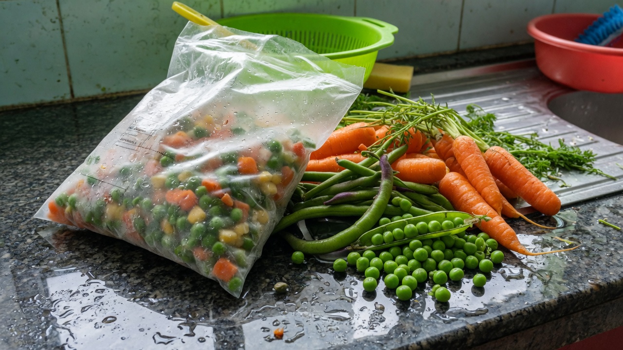 Frozen mixed vegetables beside fresh carrots and beans