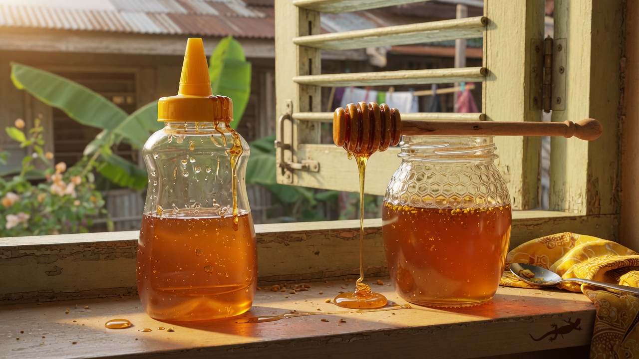 Squeeze honey bottle beside a glass honey jar