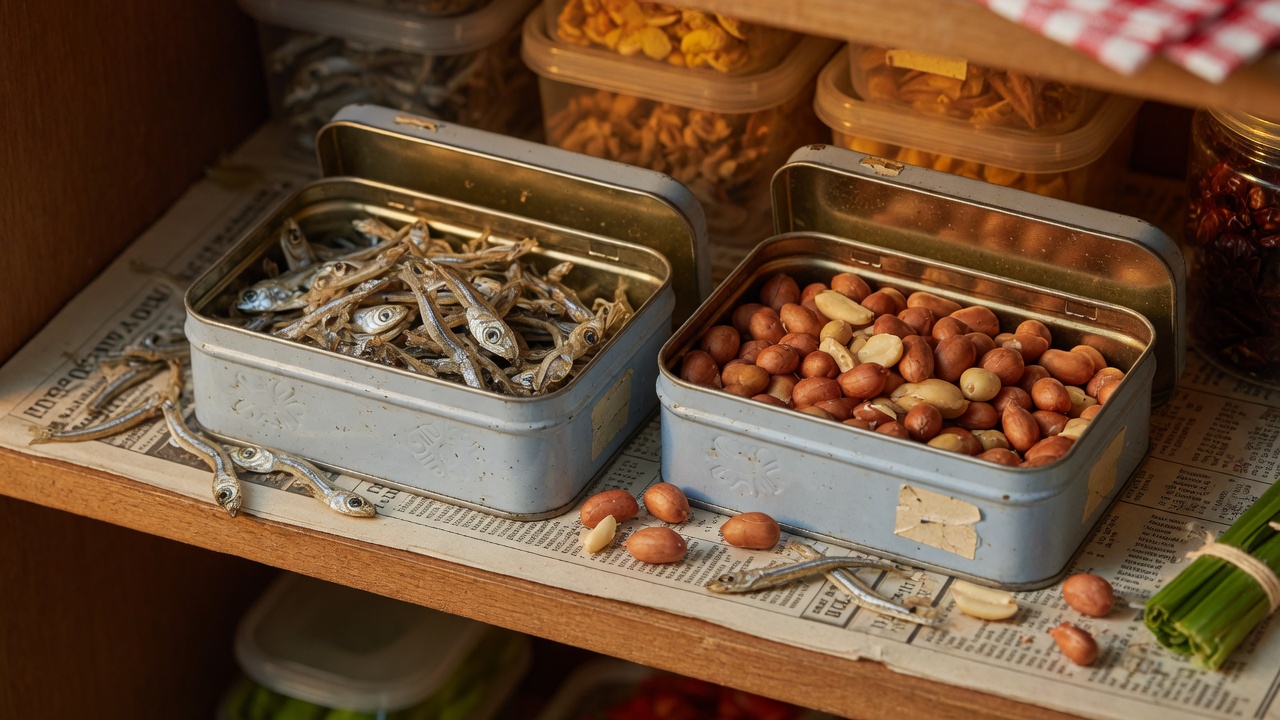 Dried ikan bilis next to roasted peanuts in metal tins