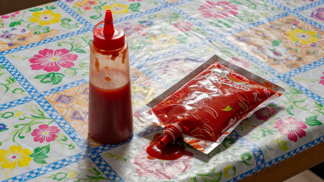 Ketchup squeeze bottle next to a foil refill pouch
