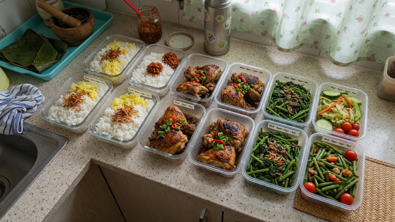 Sunday meal prep containers of rice, chicken and vegetables