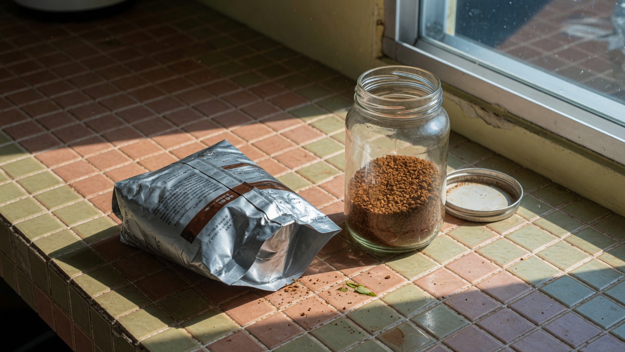Coffee refill pouch standing next to a glass coffee jar