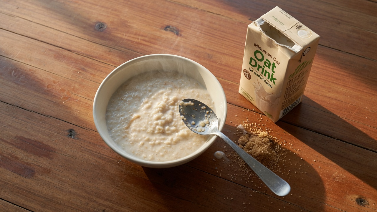 Bowl of oatmeal next to a carton of oat drink