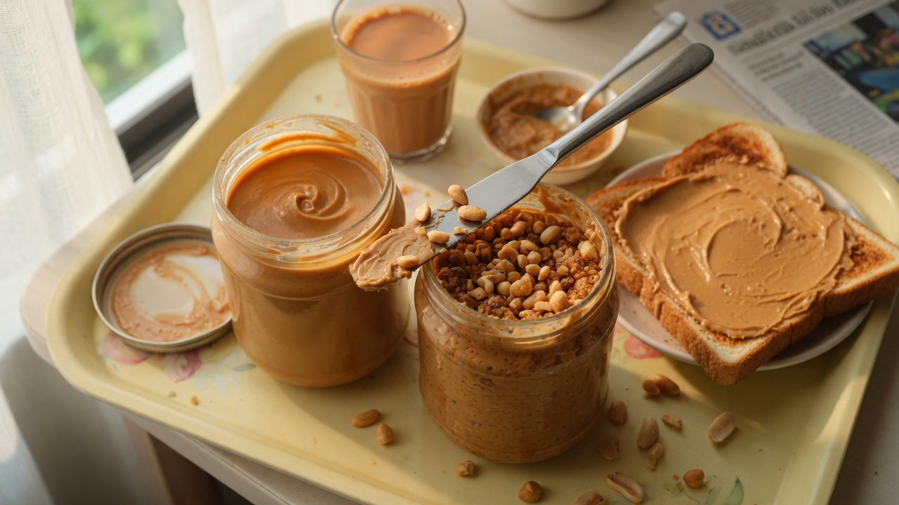 Open creamy and crunchy peanut butter jars with toast