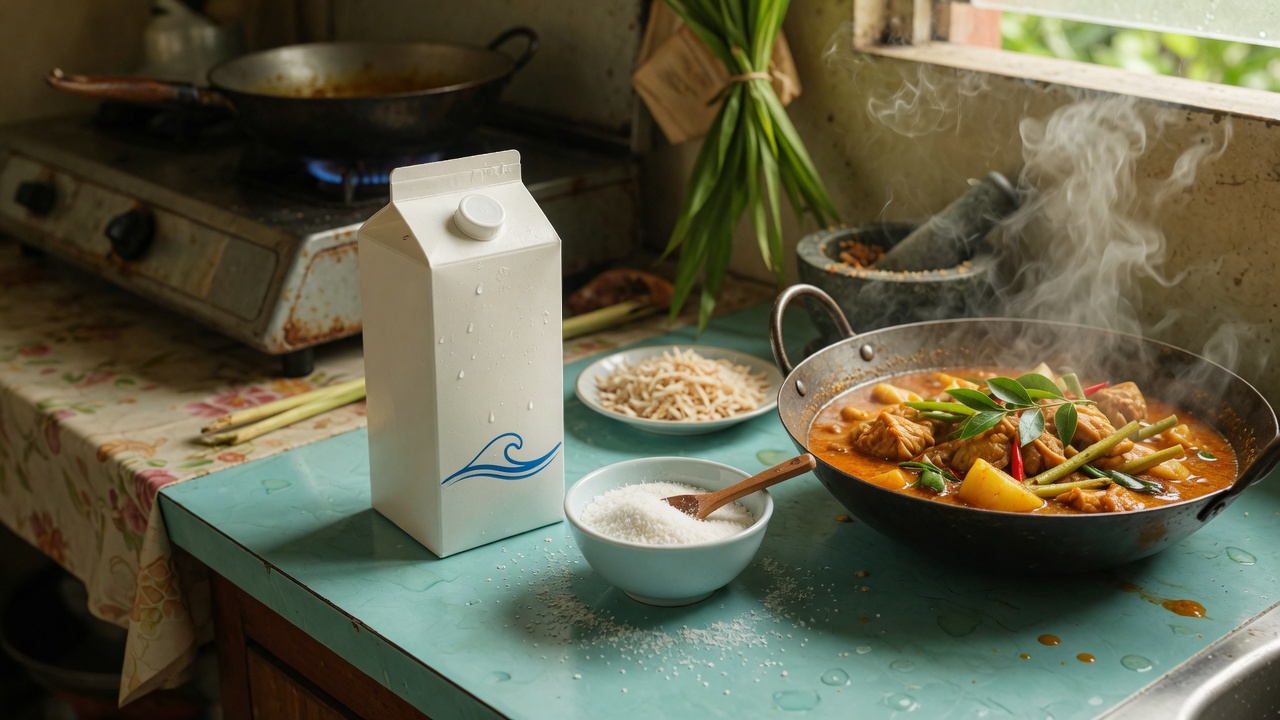 Coconut milk carton beside coconut powder and a curry pot