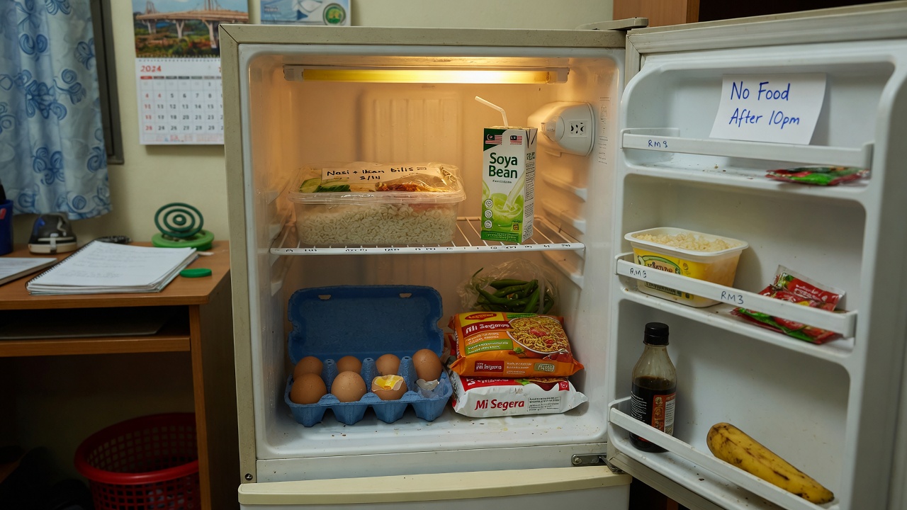 Hostel mini fridge with student groceries and leftover rice