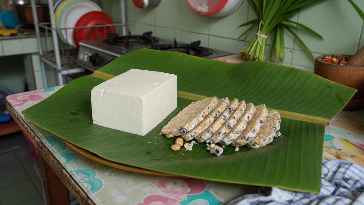 Tofu block next to sliced tempeh on a banana leaf