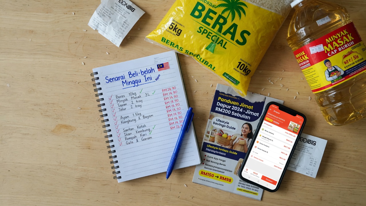 Monthly grocery checklist cost of living savings flatlay