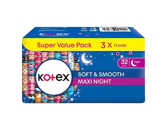 Kotex Soft & Smooth Overnight Wing 3×12 Pads
