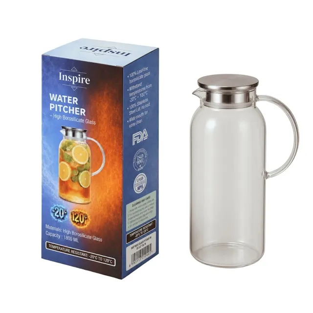 Inspire Borosilicate Glass Pitcher With Stainless Steel Lid 1.8L