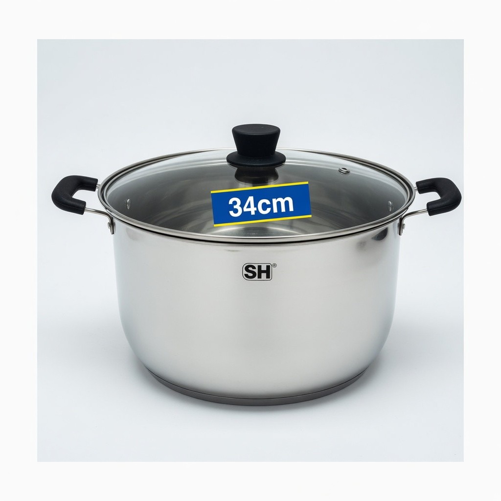 Sh Stainless Steel Deep Soup Pot with Glass Lid 34cm