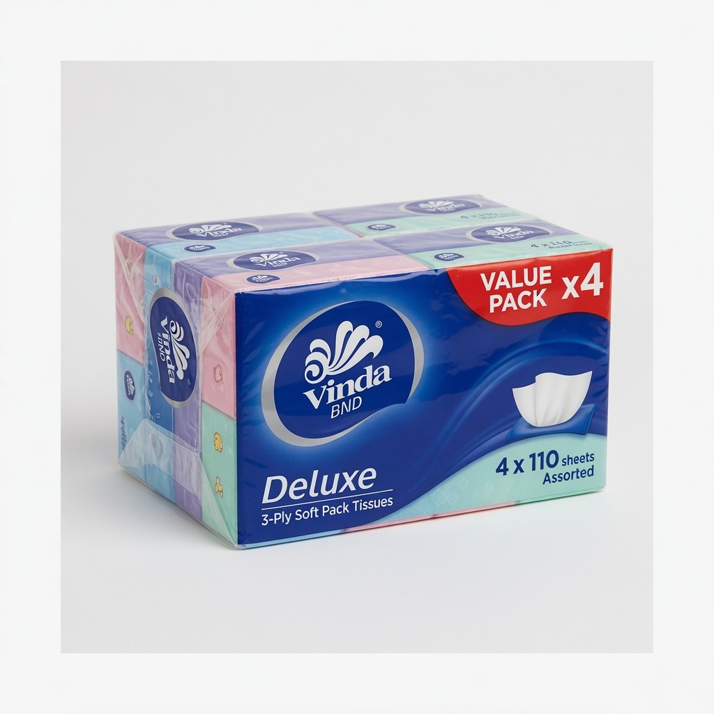 Vinda Deluxe 3-Ply Soft Pack Tissues 4×110 sheets Assorted