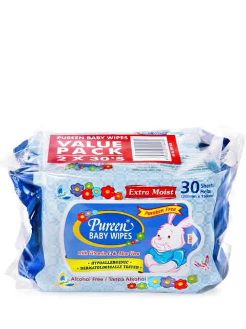Pureen Baby Wipes Pouch Pack Blue 2x30's